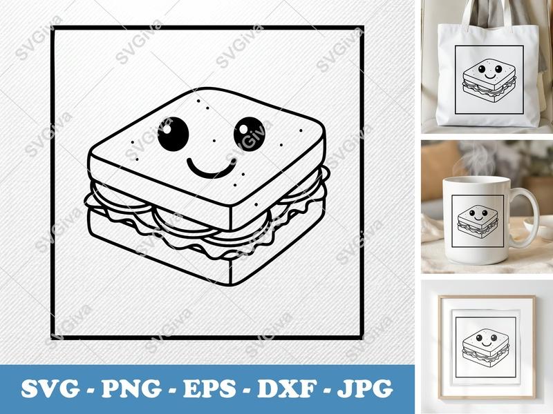 Sandwich Kawaii Food SVG | Cute Snack PNG EPS DXF | Happy Meal Cricut Cut File | Cartoon Kitchen Silhouette Design
