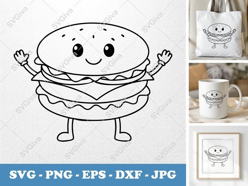 Sandwich Kawaii SVG, Cute Burger Cut File, Happy Food PNG, EPS, DXF for Cricut, Silhouette, Outline Clipart
