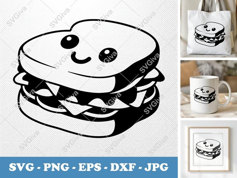 Sandwich Kawaii SVG, Cute Food PNG, Happy Face EPS, Cartoon DXF | Cricut Silhouette Cut File, Snack Vector
