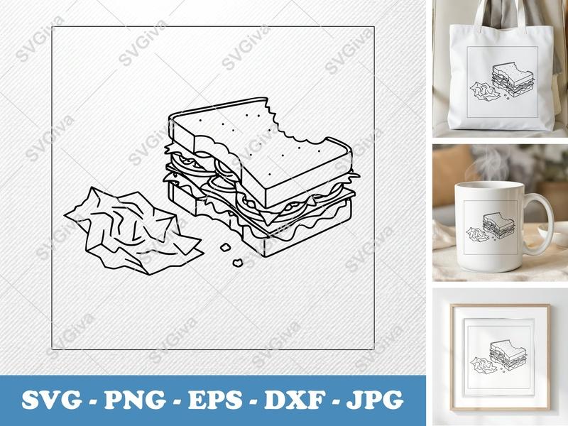 Sandwich Partially Eaten SVG | Double-Outline Geometric Vector | Thick Contour, Thin Lines | PNG DXF EPS | Cricut Silhouette File