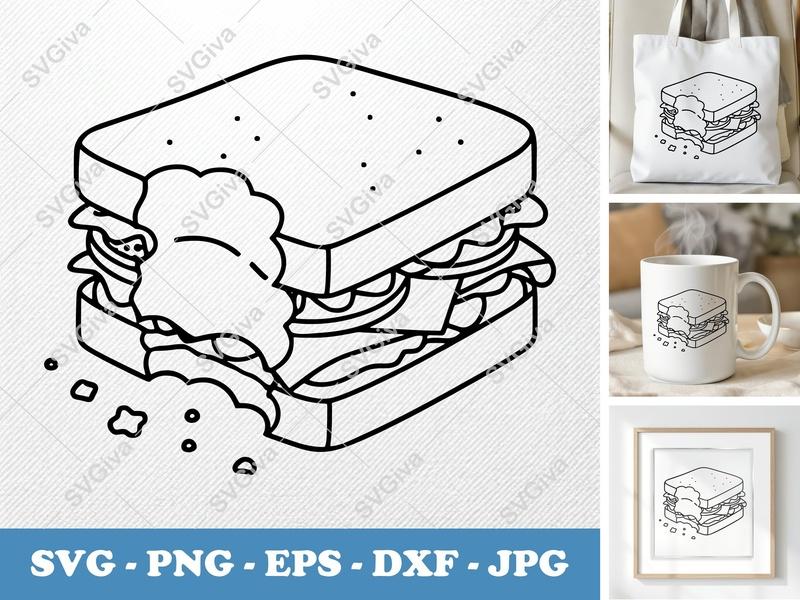 Sandwich SVG, Bitten Sandwich Line Art, Food Cut File, Modern Cuisine, PNG EPS DXF for Cricut & Silhouette