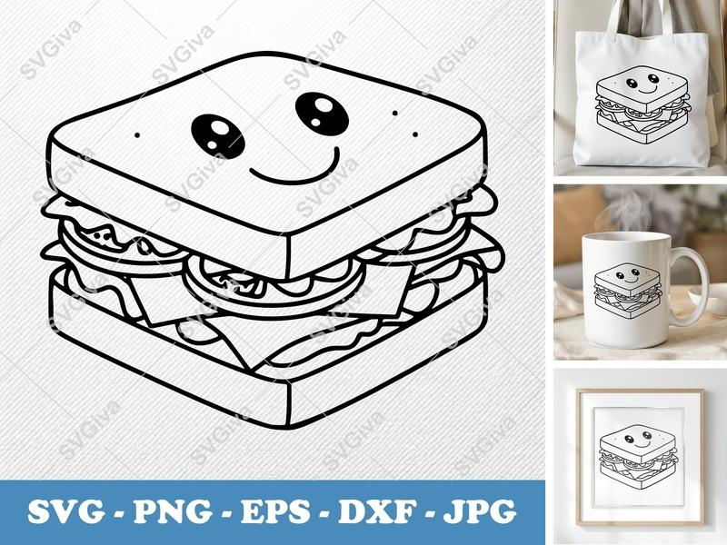 Sandwich SVG, Kawaii Food Cut File, Cute Happy Face, PNG EPS DXF for Cricut & Silhouette, Kitchen Decor Clipart
