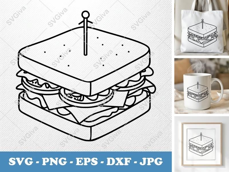 Sandwich SVG | Modern Deli Food Clip Art | Club Sandwich with Pick | PNG EPS DXF | Cricut Silhouette File