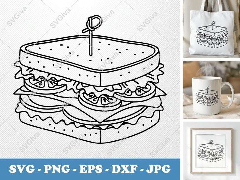 Sandwich SVG, Modern Deli Food Outline, Club Sandwich Cut File, PNG EPS DXF | Cricut Silhouette Kitchen Clipart