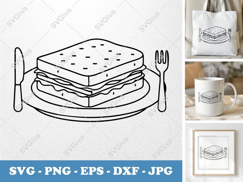 Sandwich SVG, Modern Toasted Sandwich Cut File with Plate, Fork & Knife | PNG EPS DXF for Cricut, Silhouette