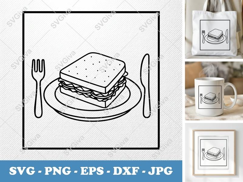 Sandwich SVG, Outline Sandwich on Plate with Fork & Knife, Food Clipart Cut File for Cricut, Silhouette, PNG EPS DXF