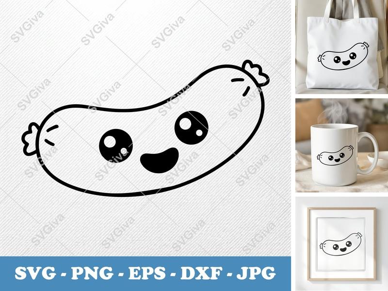 Sausage SVG | Kawaii Happy Face Food Clip Art | PNG EPS DXF | Cricut Silhouette Cut File | Modern Hotdog Design