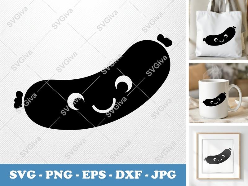 Sausage SVG with Smiling Face | Kawaii Food Cut File PNG DXF EPS for Cricut Silhouette