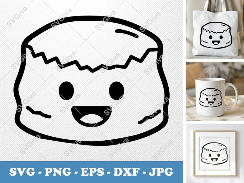 Scone with Smiling Face SVG, Minimalist Cartoon Food, PNG DXF EPS, Cricut Silhouette Cut File