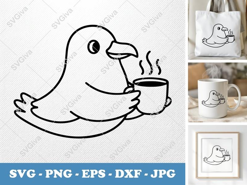 Seagull Coffee SVG, Cute Bird with Coffee Cup PNG EPS DXF | Cricut & Silhouette Cut File, Modern Animal Clipart