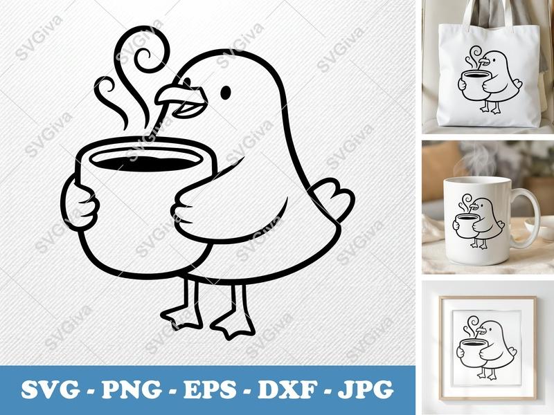 Seagull Coffee SVG | Cute Bird with Hot Drink PNG EPS DXF | Cricut Silhouette Cut File | Modern Animal Clipart