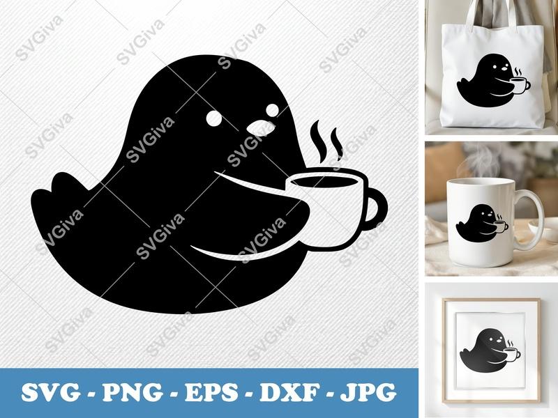 Seagull Coffee SVG, Modern Bird with Hot Cup PNG EPS DXF for Cricut, Silhouette, Cute Animal Drink Cut File