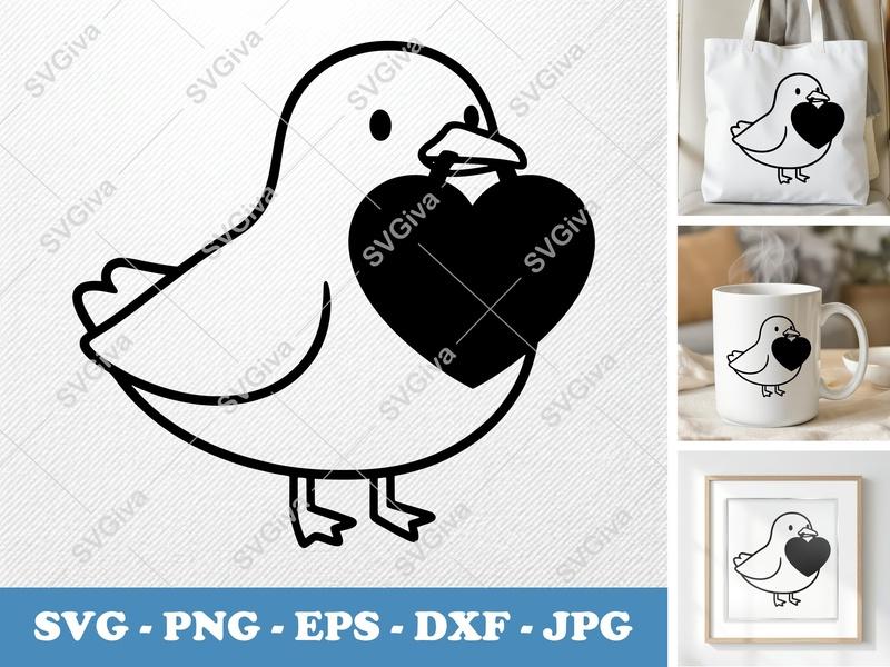 Seagull Holding Heart SVG | Puffy Soft Shapes | Inflated Pillow Art | PNG, DXF, EPS | Cricut Silhouette File