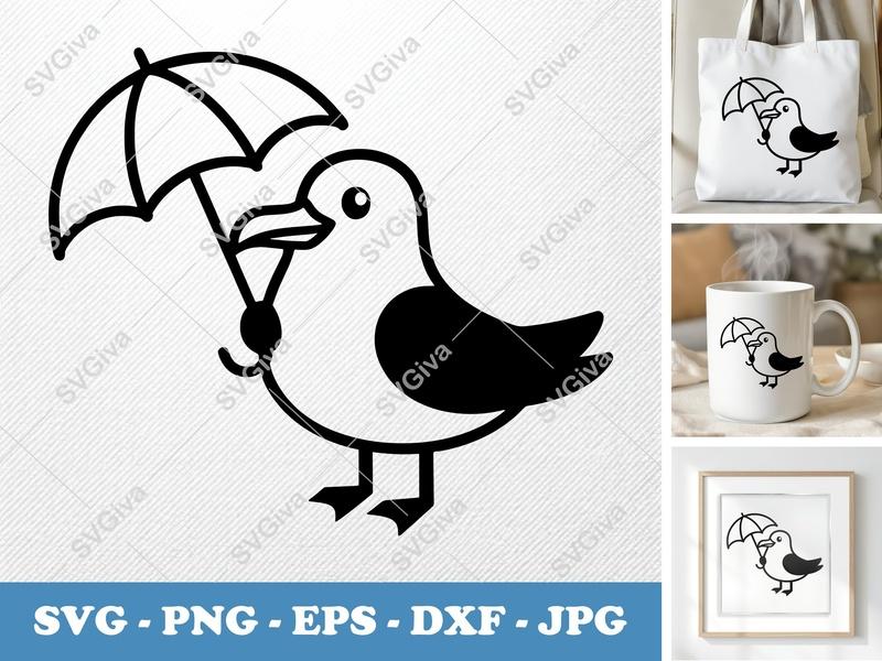 Seagull Holding Umbrella SVG | Friendly Rounded Body Bean Shape Design | PNG DXF EPS | Cricut Silhouette File