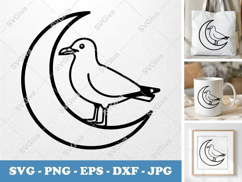 Seagull on Moon SVG | Minimalist Bird PNG EPS DXF | Coastal Animal Cut File for Cricut Silhouette