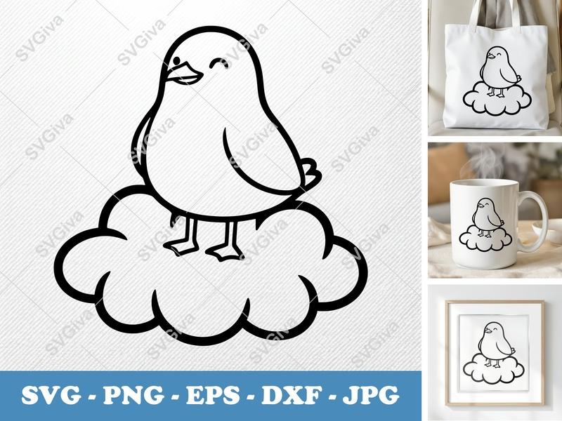 Seagull Sitting on a Cloud SVG | Friendly Bean-Shaped Forms | Rounded Body | PNG DXF EPS | Cricut Silhouette