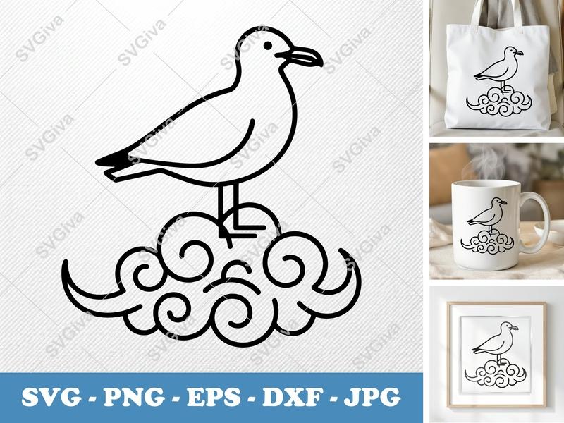 Seagull Sitting on Cloud SVG | Minimalist Line Art | Bold Contour Cut File PNG DXF EPS | Cricut Silhouette Design