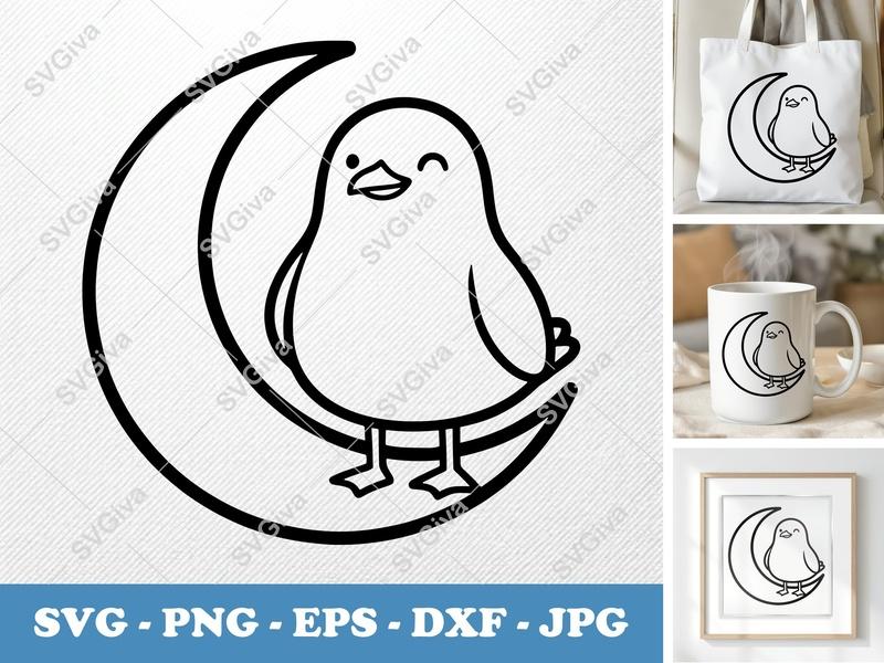 Seagull Sitting on Moon SVG | Friendly Bean-Shaped Cut File | PNG DXF EPS for Cricut Silhouette