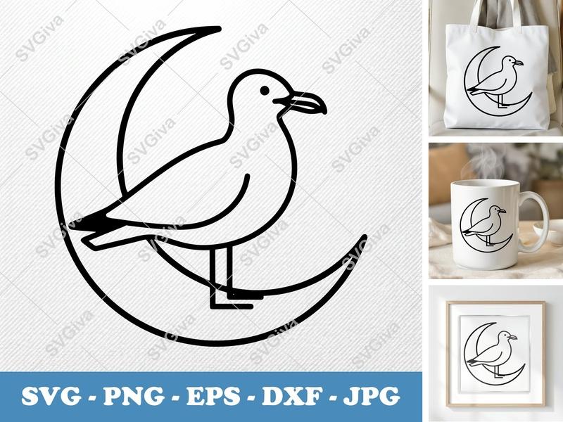 Seagull Sitting on Moon SVG | Minimalist Line Art Cut File | Bold Contour Design | PNG DXF EPS | Cricut Silhouette