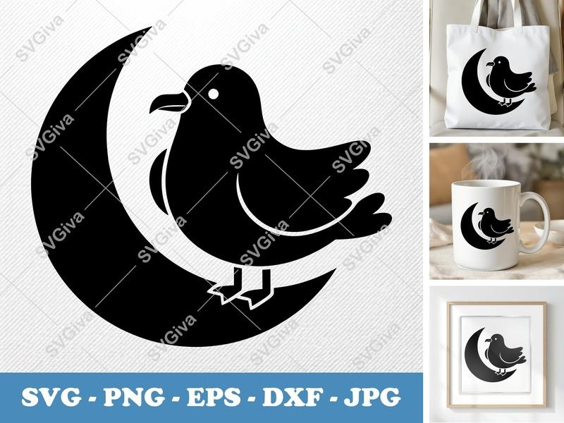 Seagull Sitting on Moon SVG | Puffy Soft Shapes | Cricut Silhouette File | PNG DXF EPS Vector Cut File
