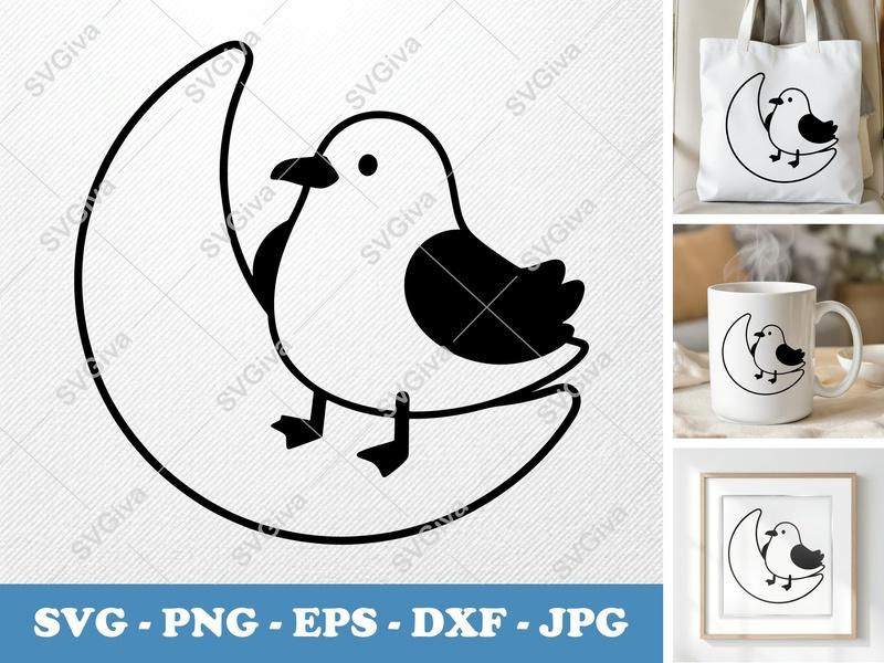 Seagull Sitting on Moon SVG | Puffy Soft Shapes Cut File PNG DXF EPS | Cricut Silhouette | Cute Bird Vector Art