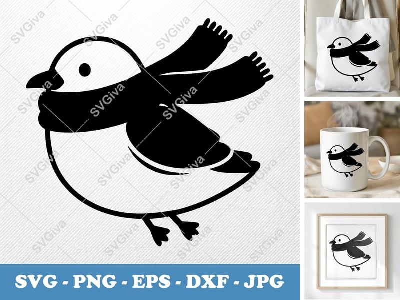 Seagull SVG | Bird Flying Cute Scarf Clipart | Modern Clean Design PNG EPS DXF for Cricut, Silhouette