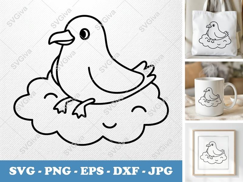Seagull SVG | Cute Bird on Cloud Clipart | Line Art PNG EPS DXF | Cricut Silhouette File | Outline Kawaii Animal Cut
