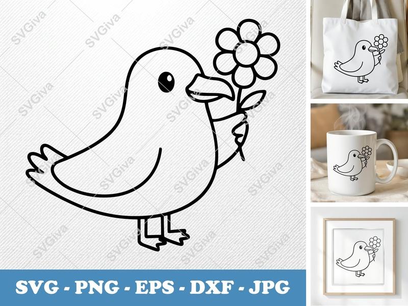 Seagull SVG | Cute Bird with Flower PNG EPS DXF | Cartoon Outline Design for Cricut Silhouette