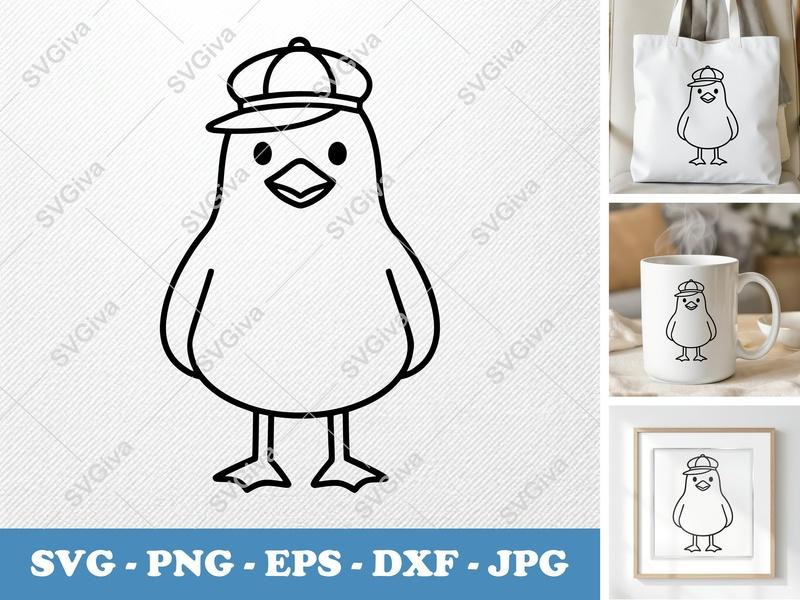 Seagull SVG, Cute Bird with Hat, Line Art Design | PNG EPS DXF | Cricut Silhouette File, Beach Animal Clipart