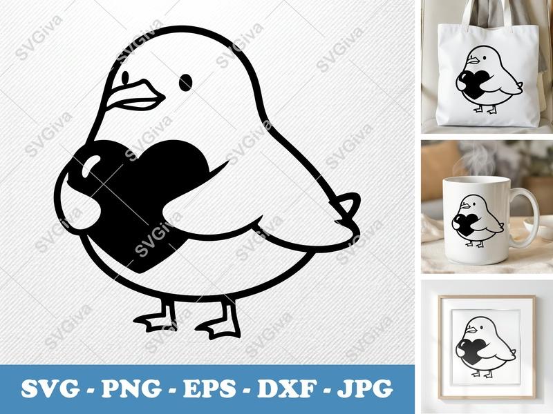 Seagull SVG, Cute Bird with Heart, Love Design, PNG EPS DXF for Cricut Silhouette, Animal Clipart, Digital Download