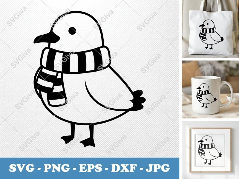 Seagull SVG | Cute Bird with Scarf Cut File | Winter Animal Clipart | PNG EPS DXF for Cricut Silhouette
