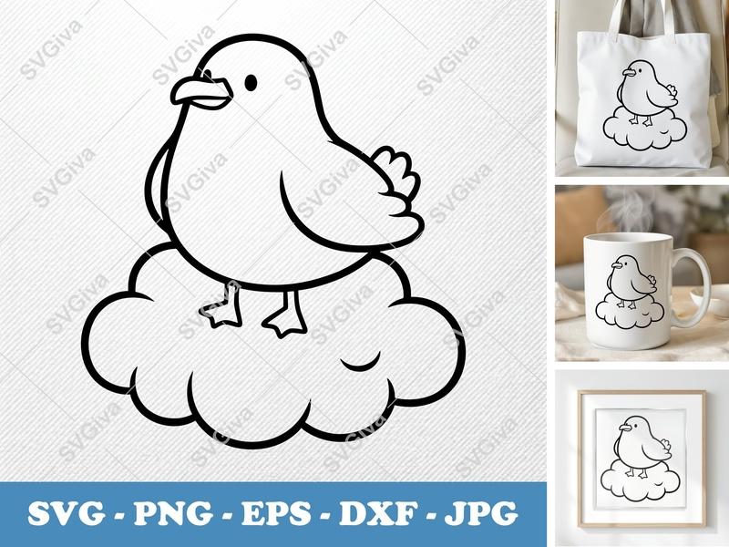 Seagull SVG | Cute Cartoon Bird on Cloud | Modern Clean Line Art | PNG EPS DXF for Cricut Silhouette