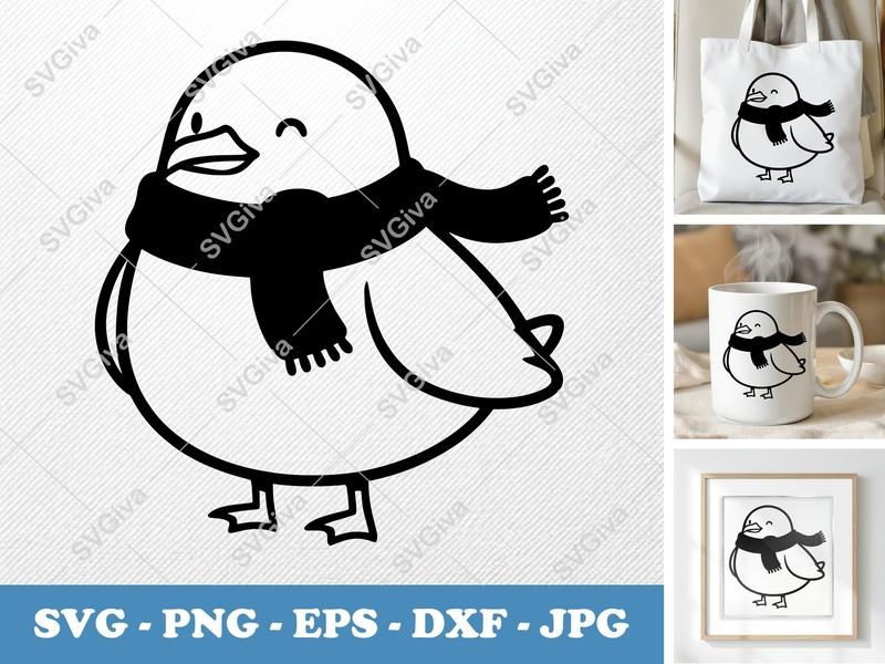 Seagull SVG, Cute Cartoon Bird with Scarf, Modern Clean Design | PNG EPS DXF for Cricut Silhouette