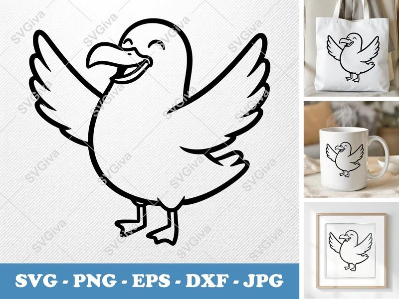 Seagull SVG, Happy Bird Clip Art, Cute Outline, PNG EPS DXF for Cricut & Silhouette, Nautical Ocean Animal Cut File
