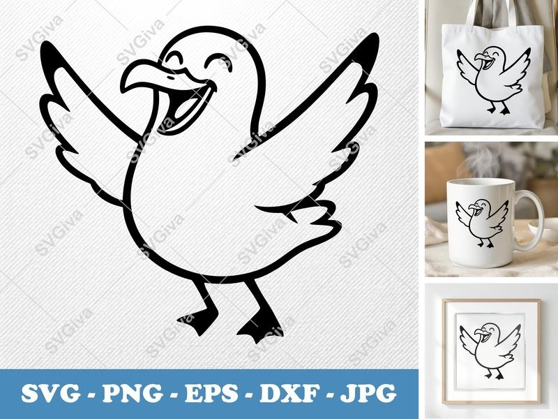 Seagull SVG | Happy Bird Cut File, Cartoon Seagull PNG, EPS, DXF for Cricut & Silhouette, Beach Animal Vector