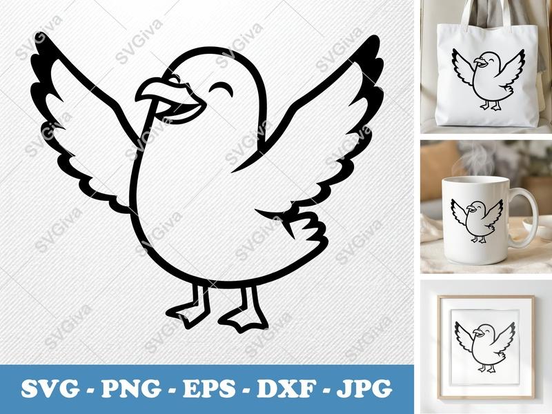 Seagull SVG, Happy Cute Bird Cut File, Cartoon Animal PNG EPS DXF for Cricut & Silhouette, Beach Sea Life Clipart