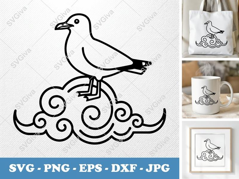 Seagull SVG | Modern Bird on Cloud Cut File | PNG EPS DXF for Cricut & Silhouette | Minimalist Ocean Animal