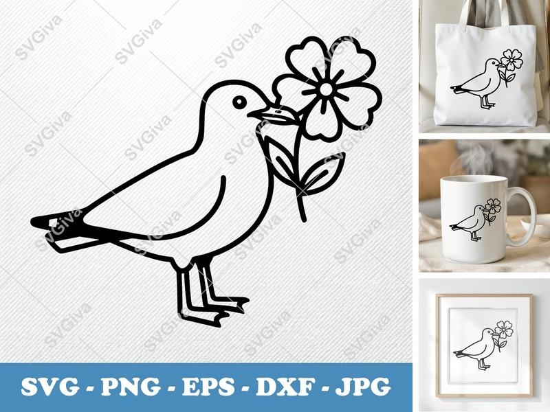Seagull SVG | Modern Bird with Flower Cut File | PNG EPS DXF for Cricut & Silhouette
