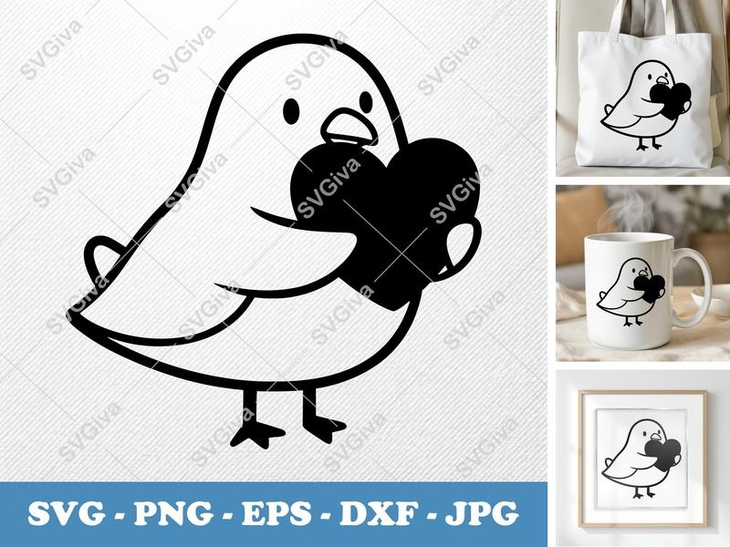 Seagull SVG, Modern Clean Design, Bird Holding Heart, Cute Animal Clip Art | PNG EPS DXF for Cricut Silhouette