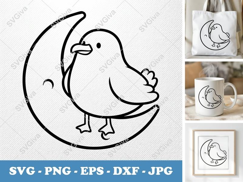 Seagull SVG | Moon Bird Line Art Cut File | Cute Nursery Design PNG EPS DXF for Cricut Silhouette