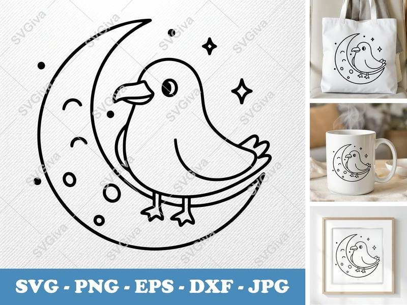 Seagull SVG on Moon with Stars | Cute Bird Cut File | PNG EPS DXF for Cricut Silhouette