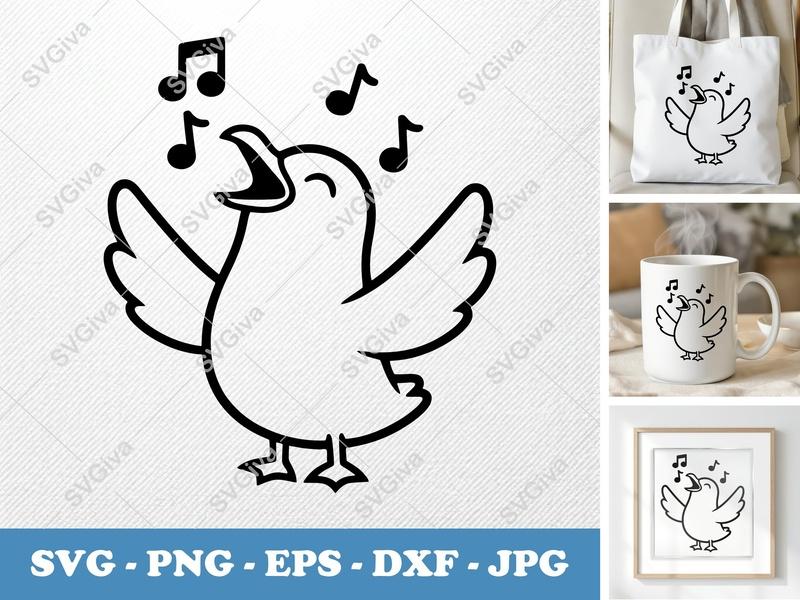 Seagull SVG Singing Bird with Music Notes | Cute Animal Cut File for Cricut, Silhouette | PNG EPS DXF Vector Clipart