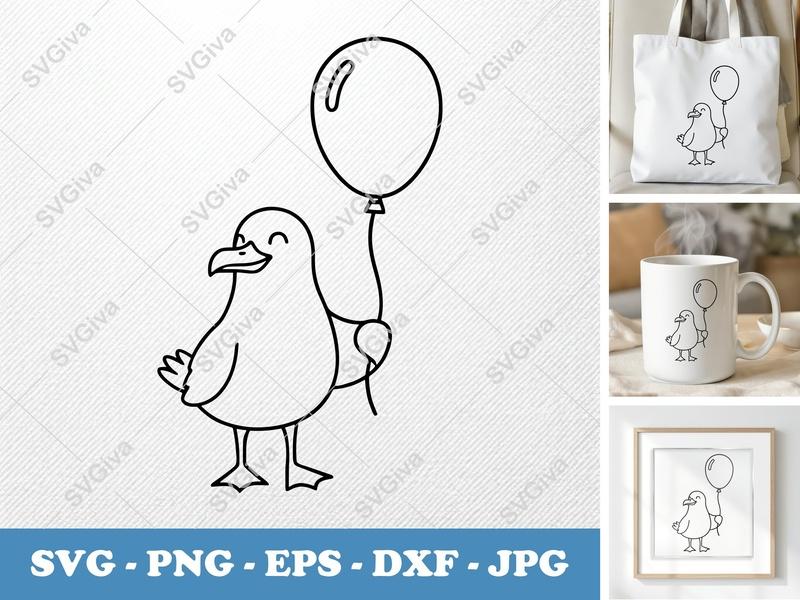 Seagull SVG with Balloon | Cartoon Bird Cut File for Cricut, Silhouette | PNG EPS DXF | Cute Animal Vector Art