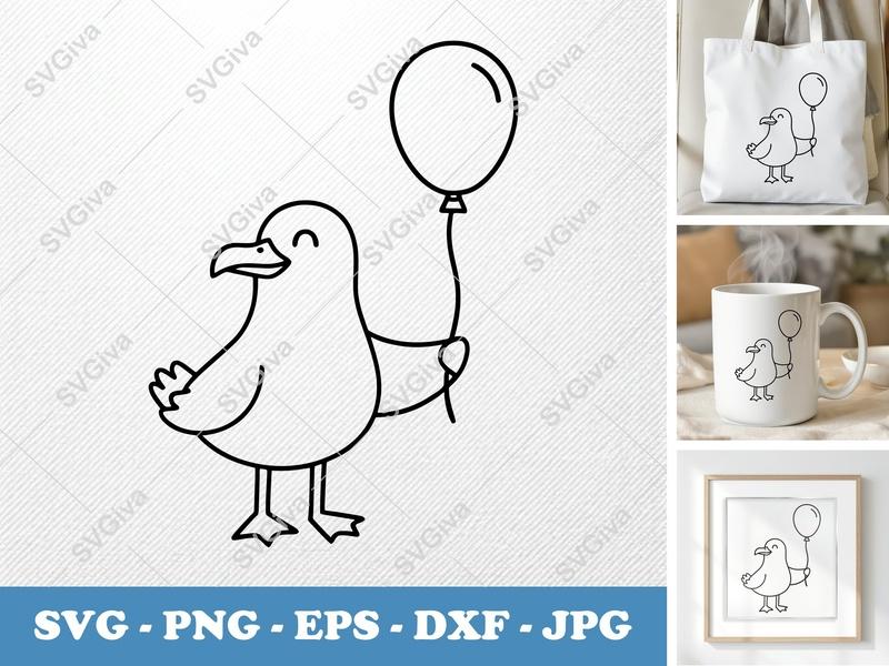 Seagull SVG with Balloon | Cute Modern Bird Cut File for Cricut, Silhouette | PNG, EPS, DXF | Nautical Craft Design