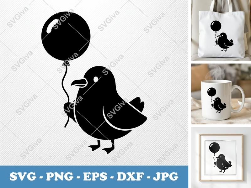 Seagull SVG with Balloon | Modern Bird Cut File for Cricut & Silhouette | PNG EPS DXF Vector Art