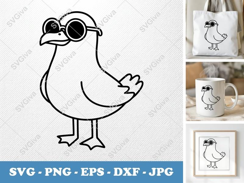Seagull SVG with Sunglasses | Cool Bird Cut File | Outline PNG EPS DXF for Cricut, Silhouette | Ocean Animal Vector