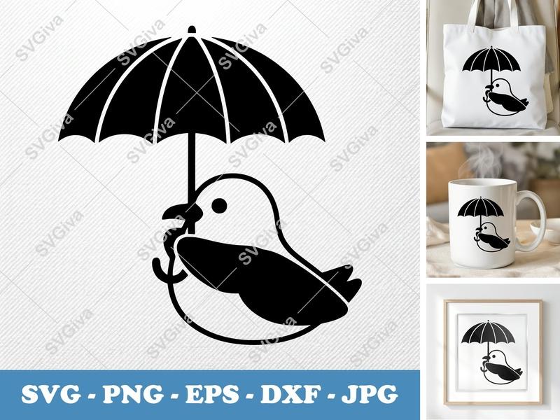 Seagull SVG with Umbrella | Cute Bird Design, Outline & Solid | PNG EPS DXF for Cricut, Silhouette, Crafting