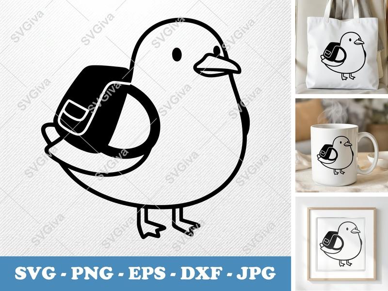 Seagull wearing backpack SVG | Puffy Soft Shapes | Inflated Pillow-Soft Cut File | PNG DXF EPS for Cricut Silhouette