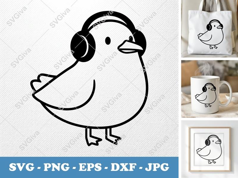 Seagull wearing Headphones SVG | Puffy Pillow Soft Design | PNG DXF EPS | Cricut Silhouette File