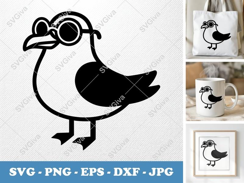 Seagull Wearing Sunglasses SVG | Friendly Bean-Shaped Cut File | PNG DXF EPS for Cricut Silhouette